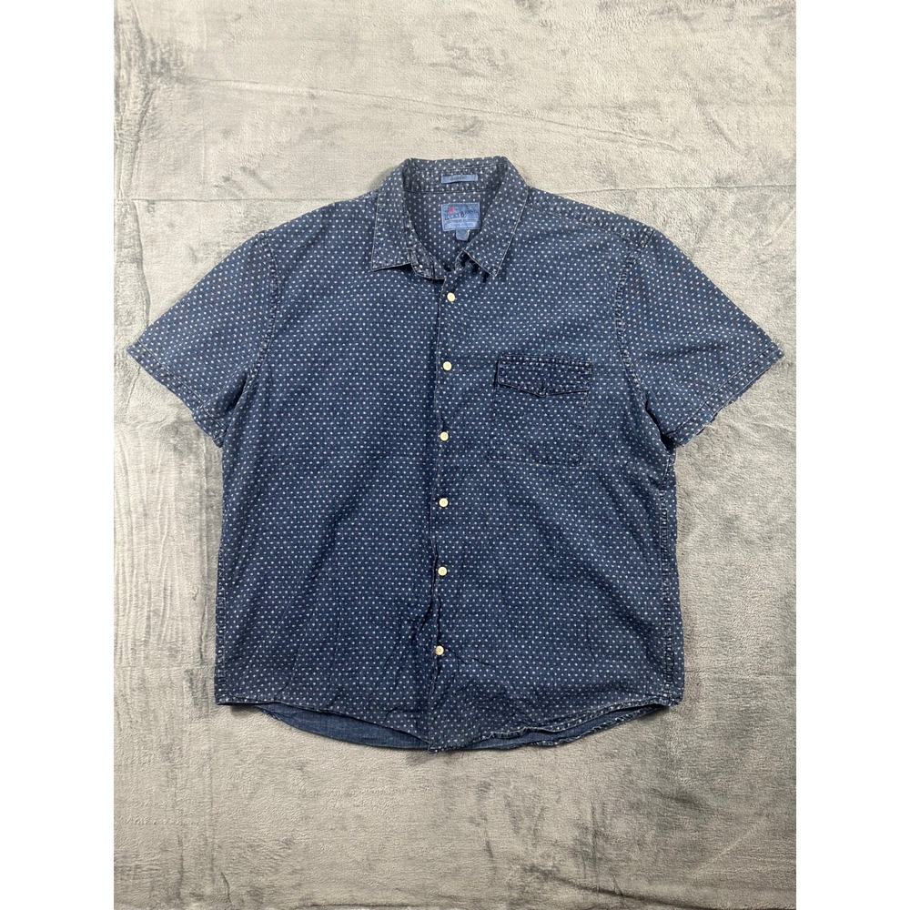 Lucky Brand Men XL Blue Indigo Geometric Print Short Sleeve Button Down Shirt